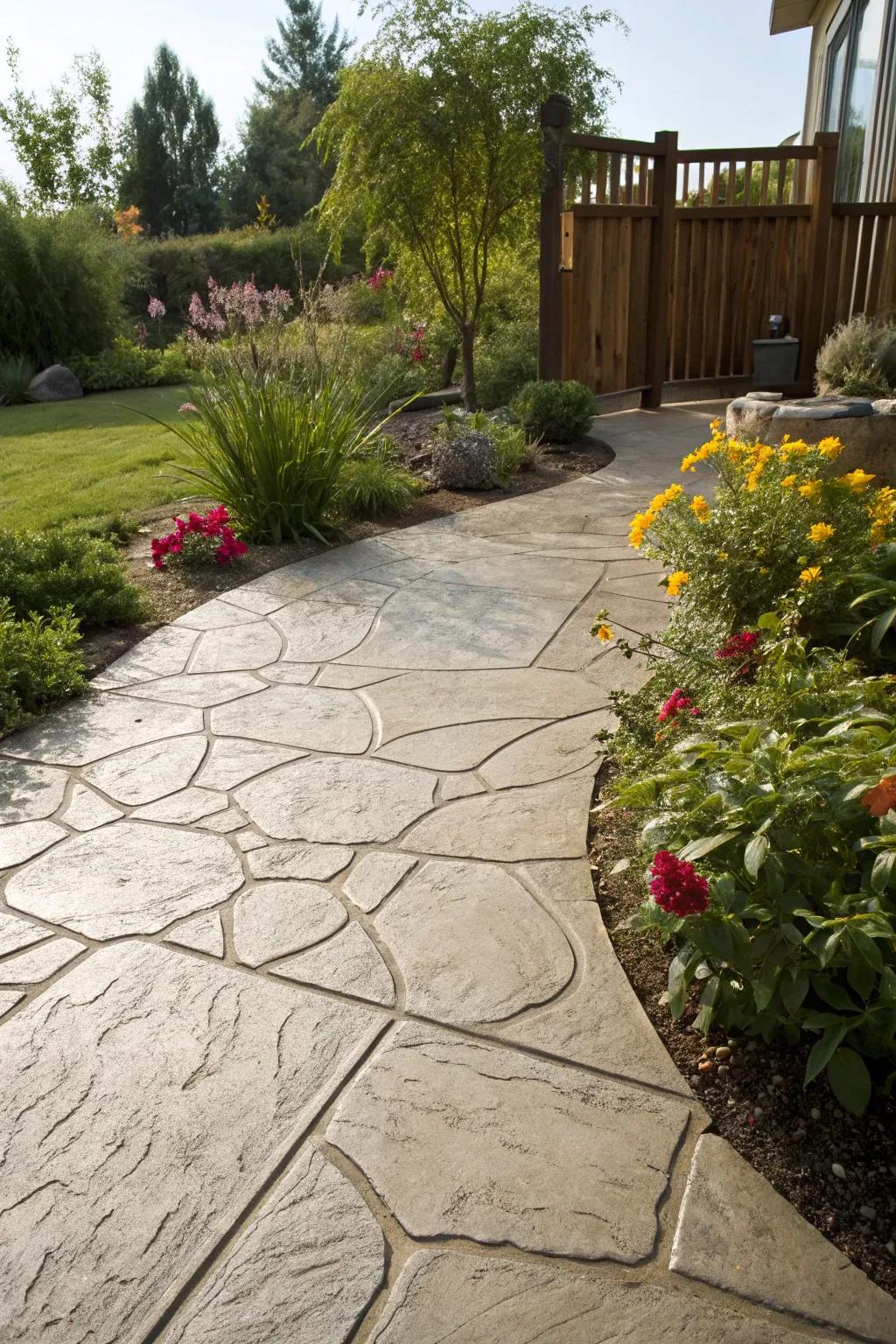 Stamped concrete can create the illusion of luxurious materials like stone.
