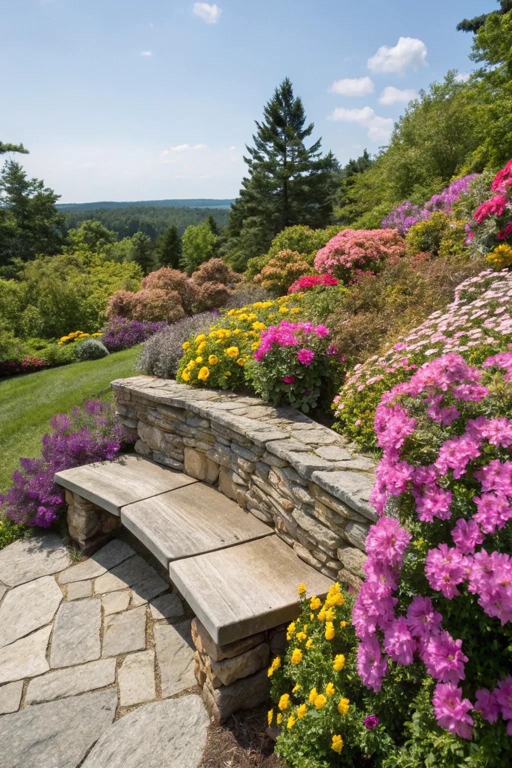 A natural stone bench blends seamlessly into a vibrant garden.