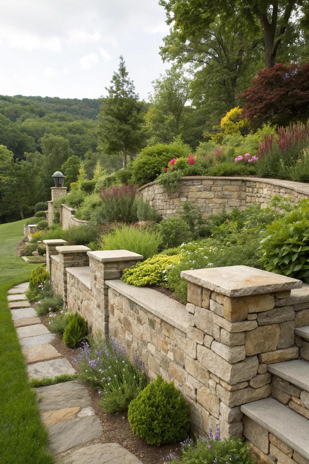 Natural stone caps offer a rustic charm to any garden.