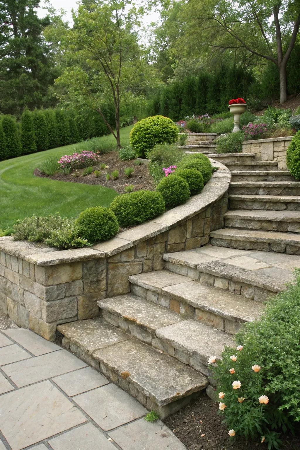 Stone steps blend beautifully with retaining walls for a cohesive look.