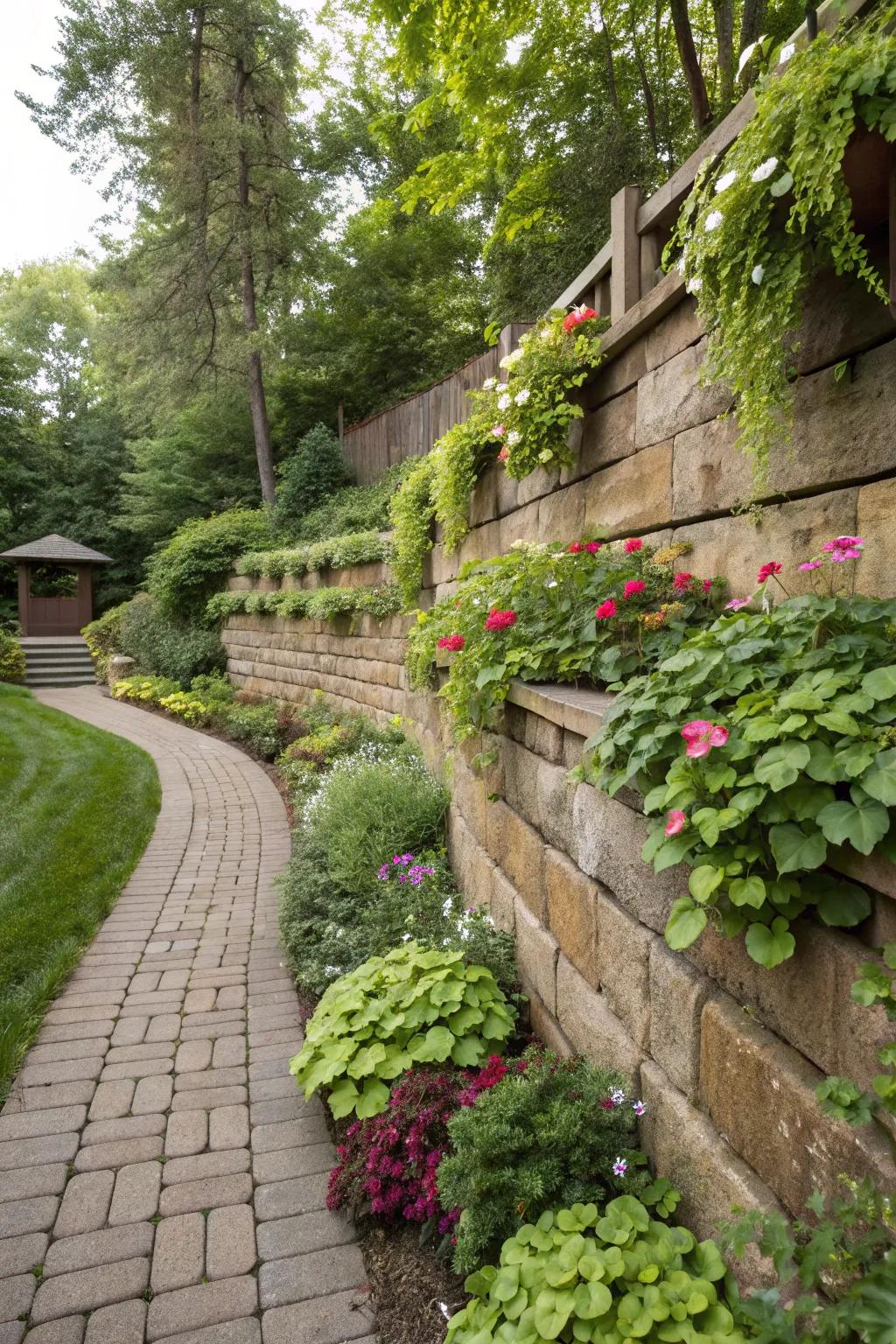 A multi-level retaining wall with various tiers of plants creating a lush oasis.