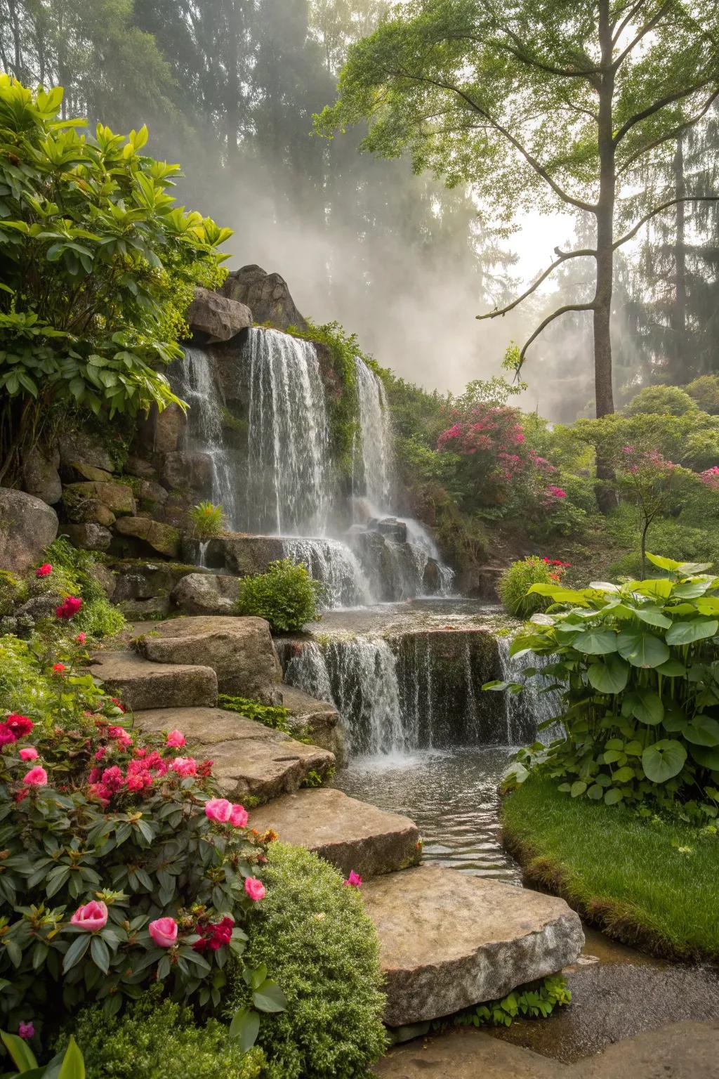Multi-tiered waterfalls add depth and visual interest to any garden.