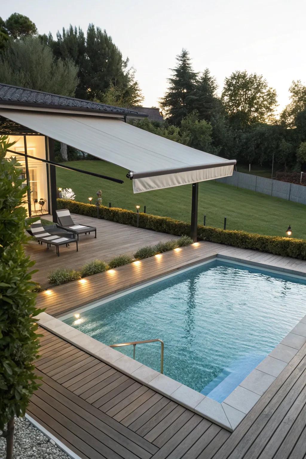 A modern retractable awning providing shade over a pool.