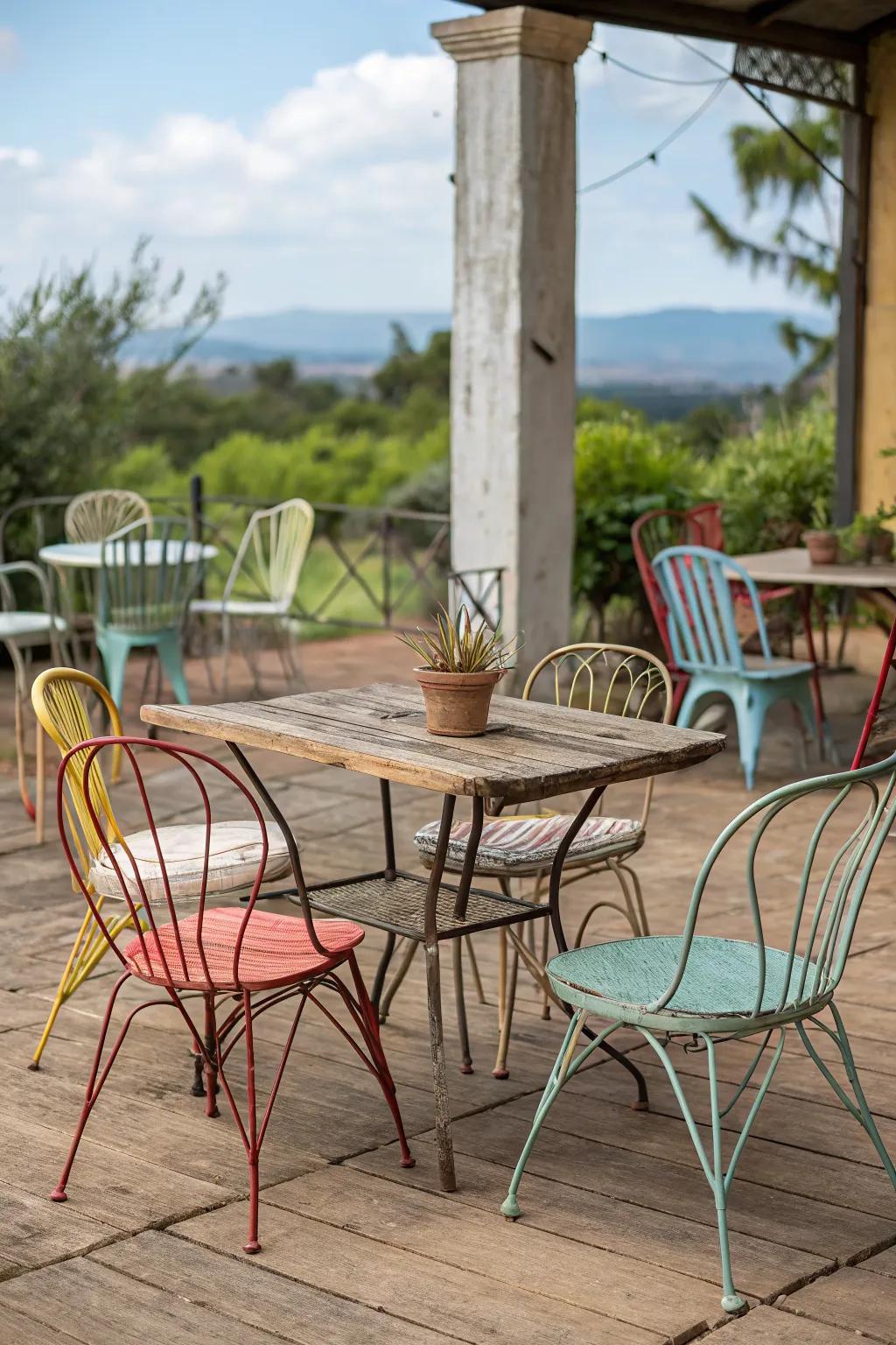 Eclectic collection of vintage metal chairs around a wooden table.