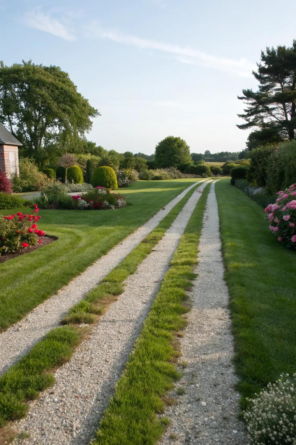 A classic grass and gravel ribbon driveway nestled in a lush garden setting.