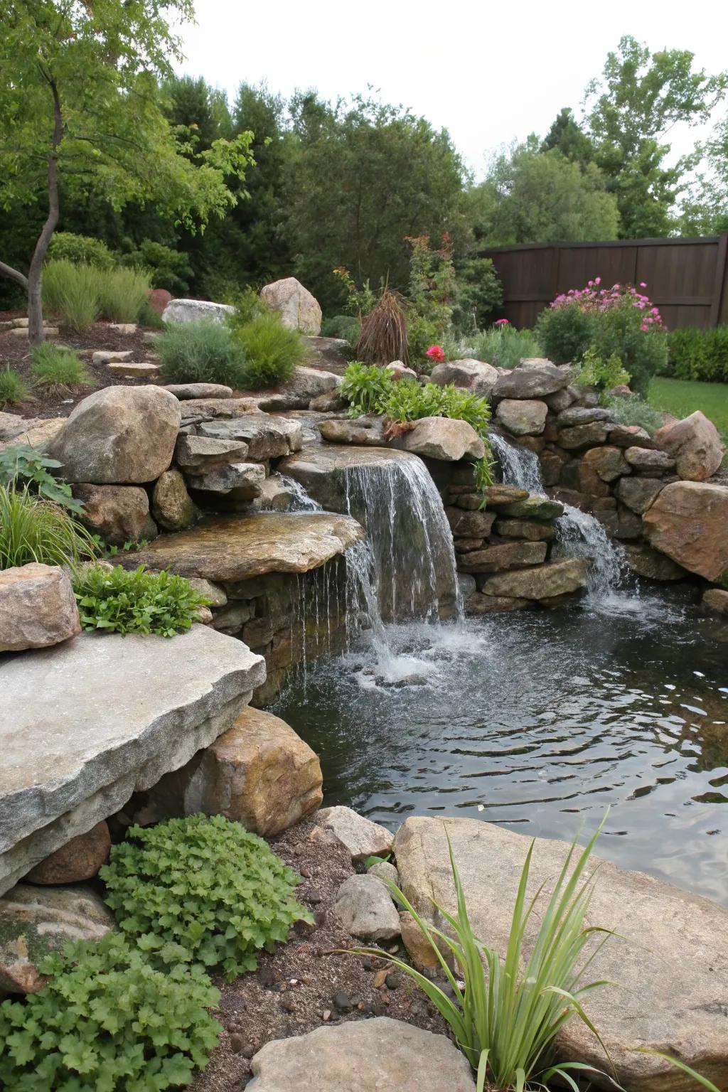 A serene waterfall created with riprap stones, adding a natural touch to your garden.