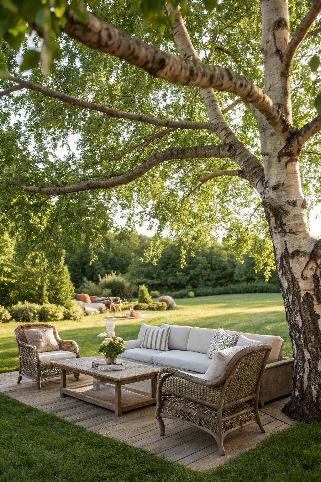 Enjoy a shaded oasis with a river birch canopy.