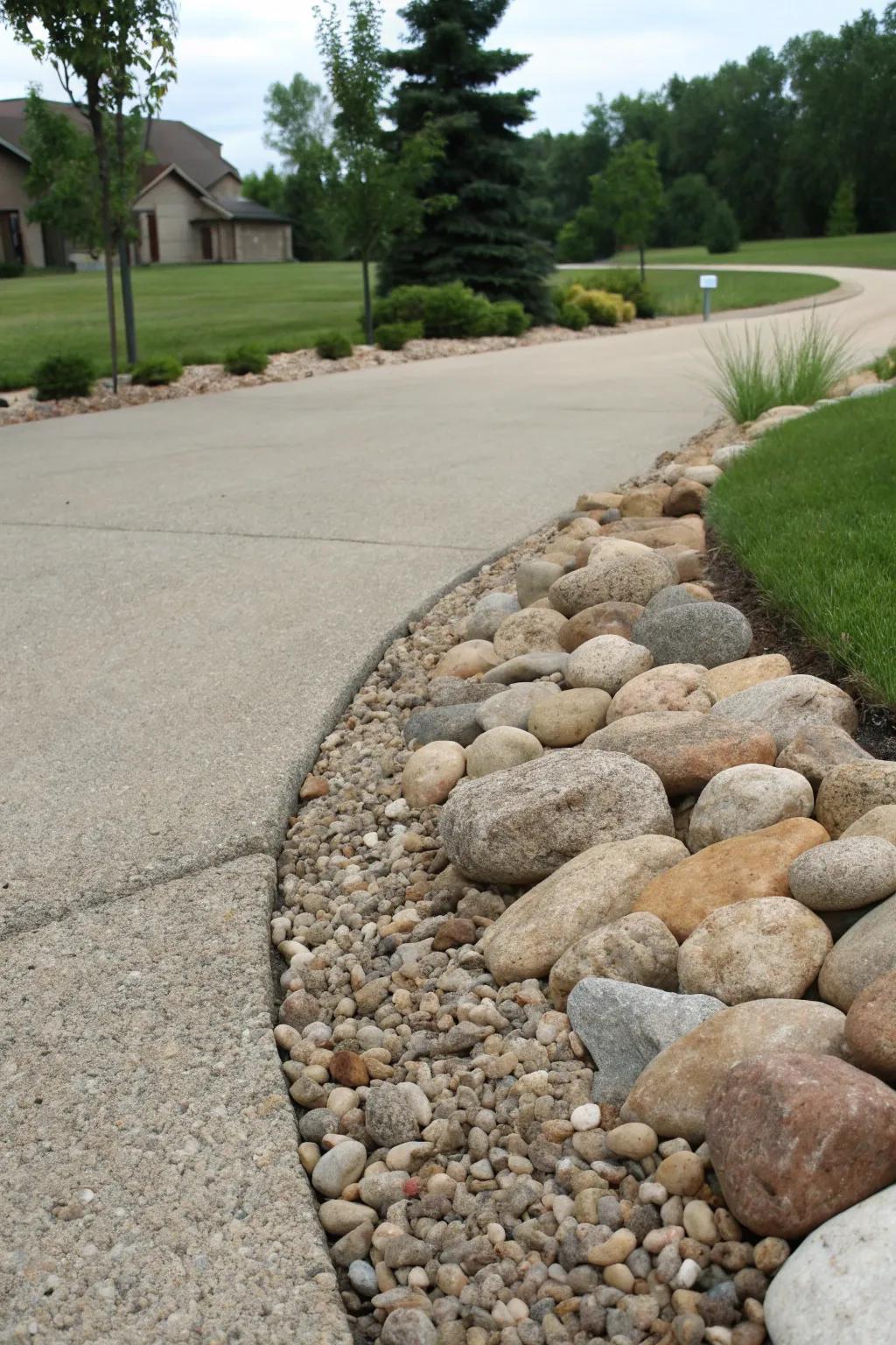 A driveway edge featuring a mix of small and large river rocks for a textured look.