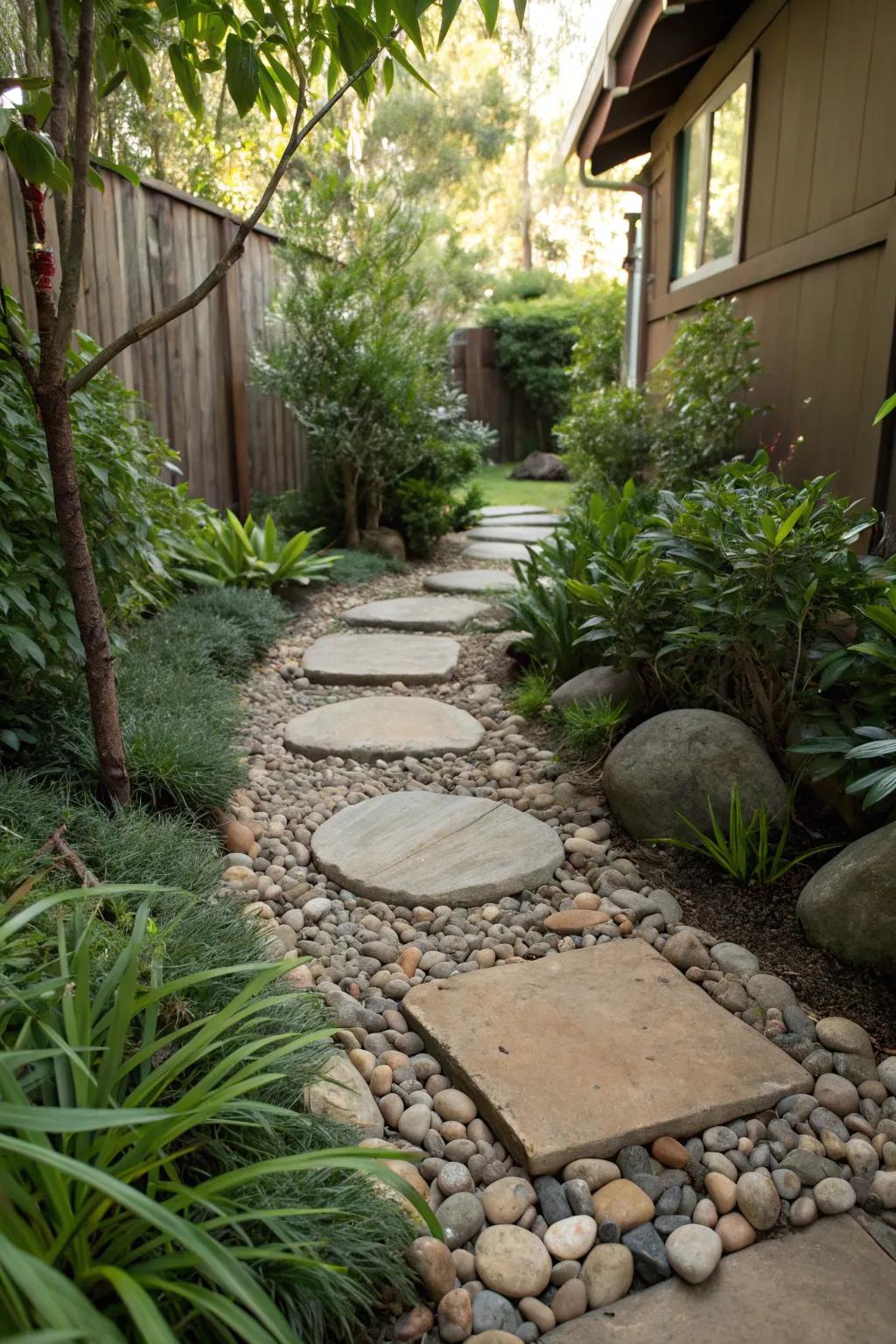 A stepping stone pathway with river rocks creates an enchanting garden walk.