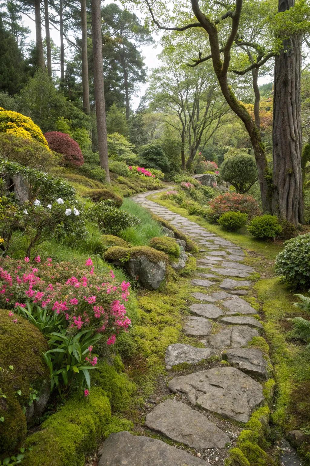 A whimsical river rock path curling through a verdant garden.