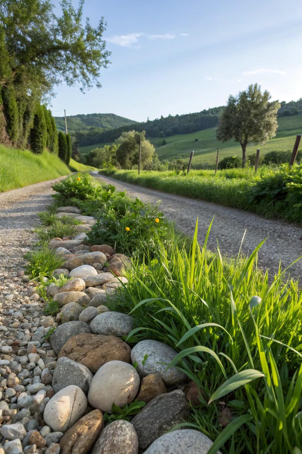 Natural stones add texture and definition to road verges.