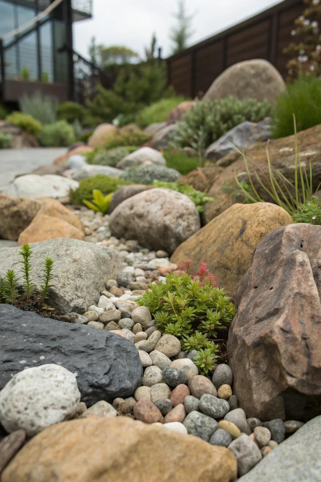 A mix of rock types adds texture and charm to a front yard rock garden.