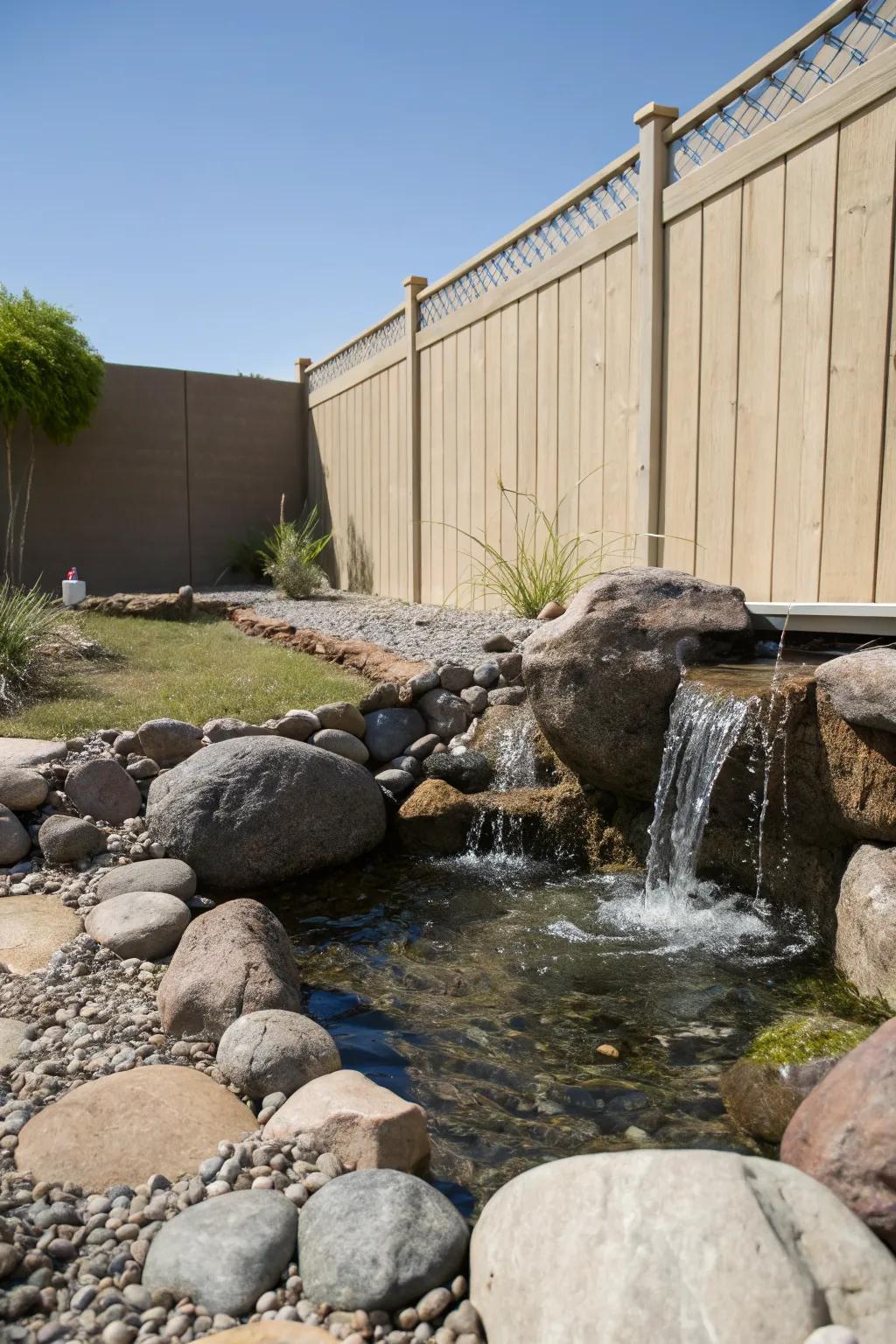 A calming water feature nestled among rocks creates a serene garden oasis.