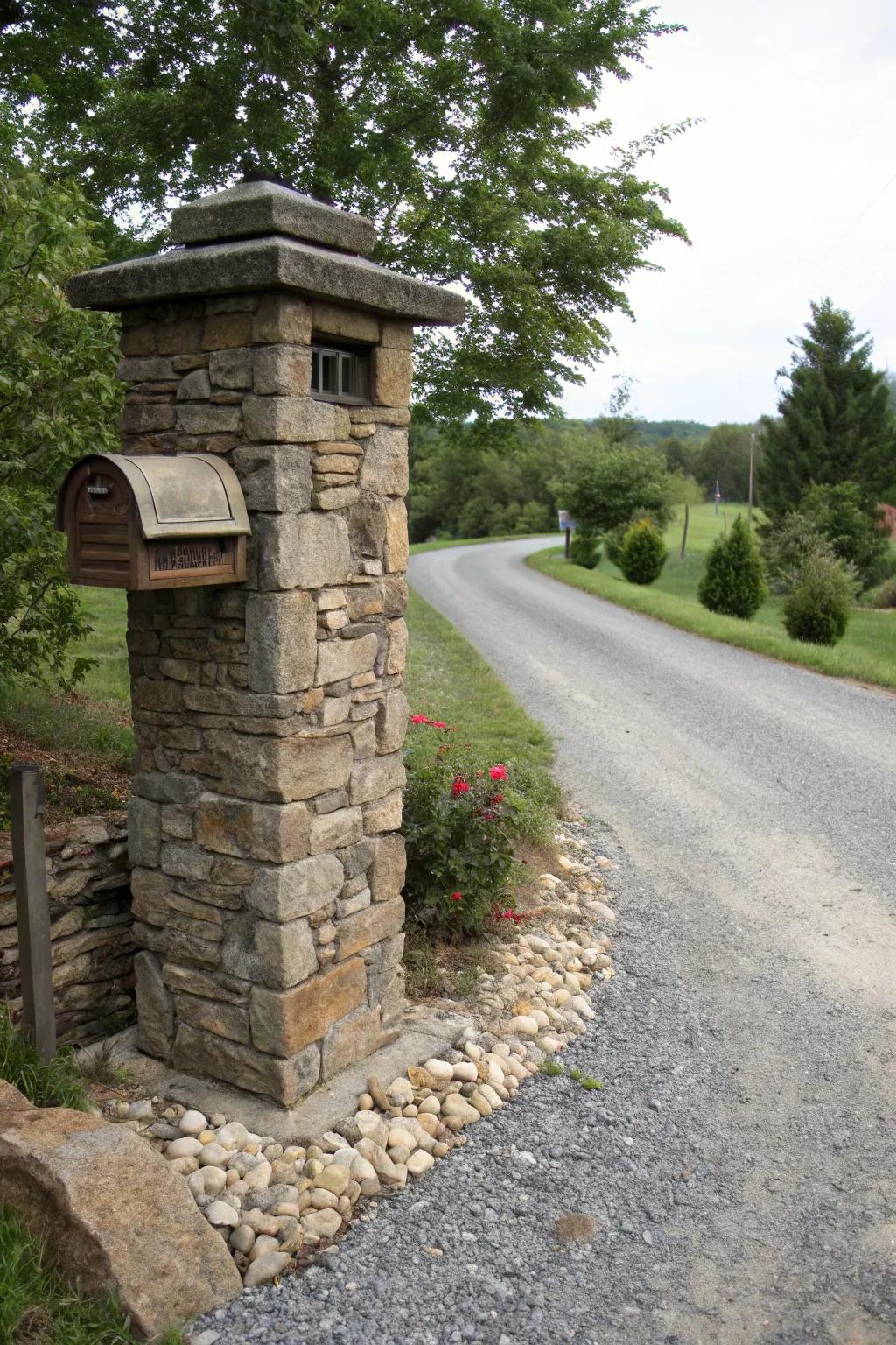An inviting rustic stone pillar mailbox that brings the countryside charm to your doorstep.