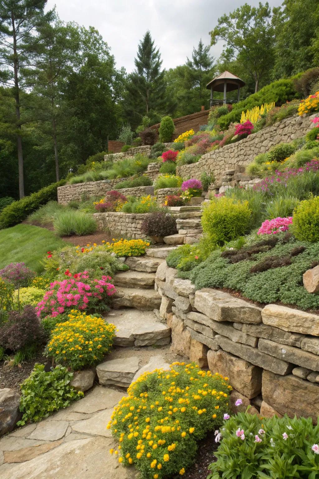Terraced rock wall gardens create stunning layers in your landscape.