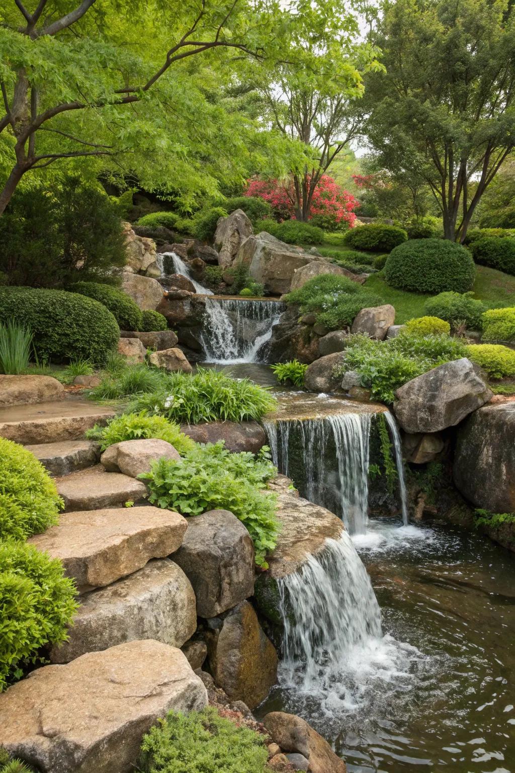 A cascading waterfall adds a soothing element to any garden.