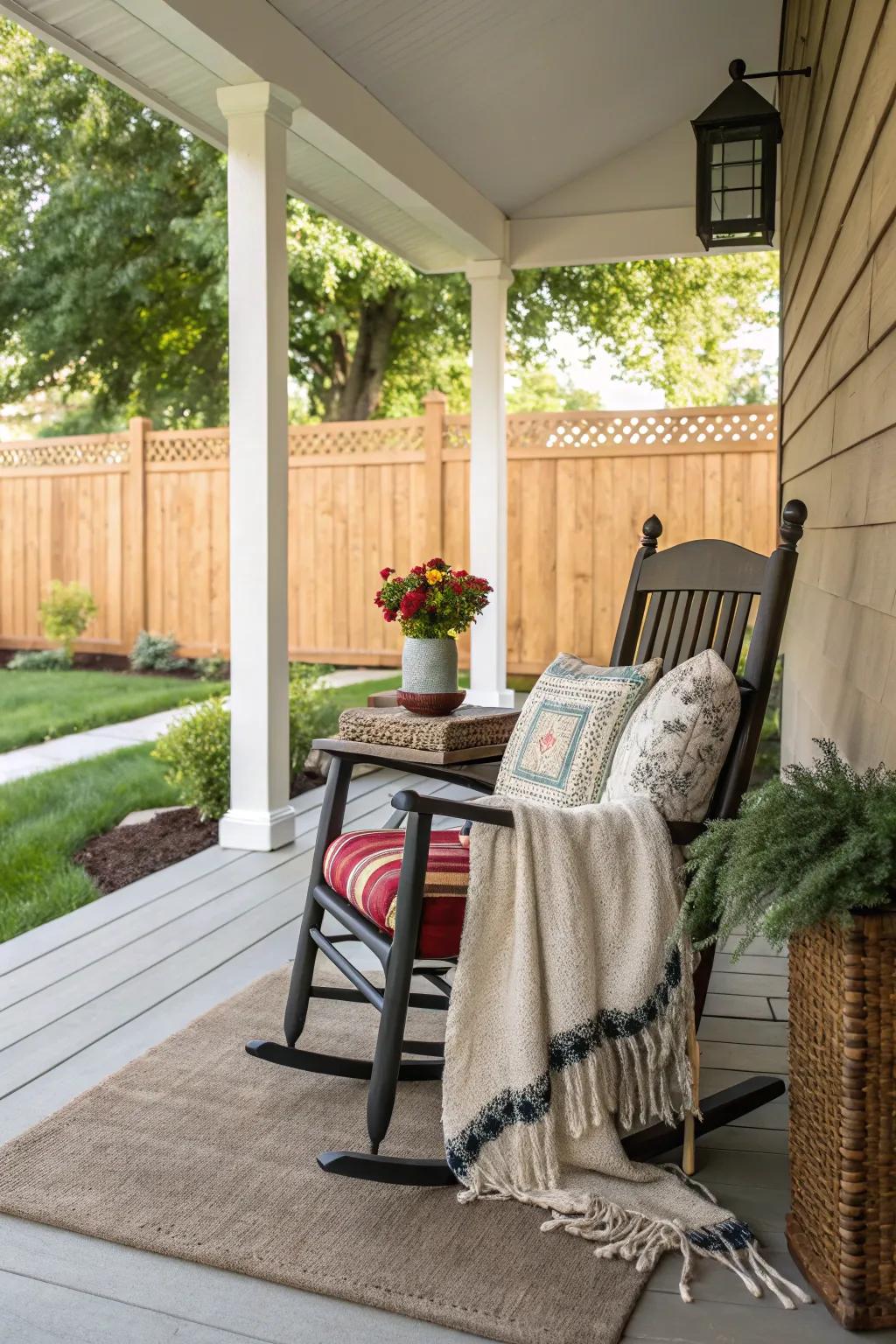 Transform your rocking chair with colorful cushions and a cozy throw.