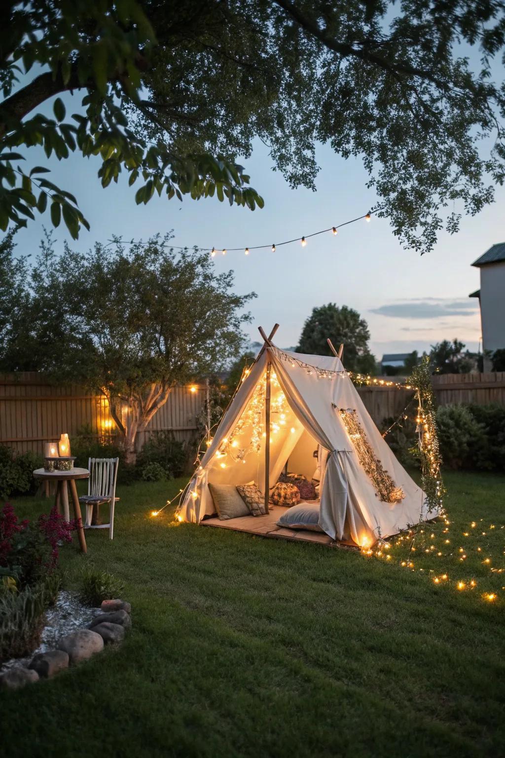 A tent glowing with fairy lights, creating a magical atmosphere.