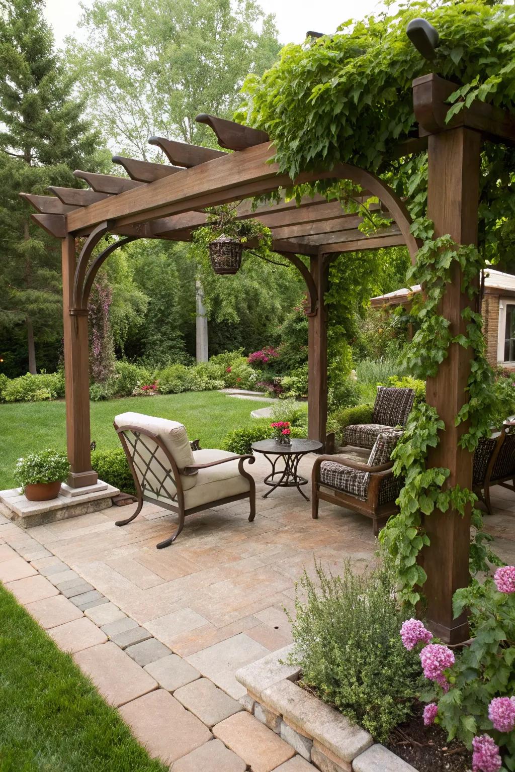 A classic wooden pergola provides elegance and partial shade.
