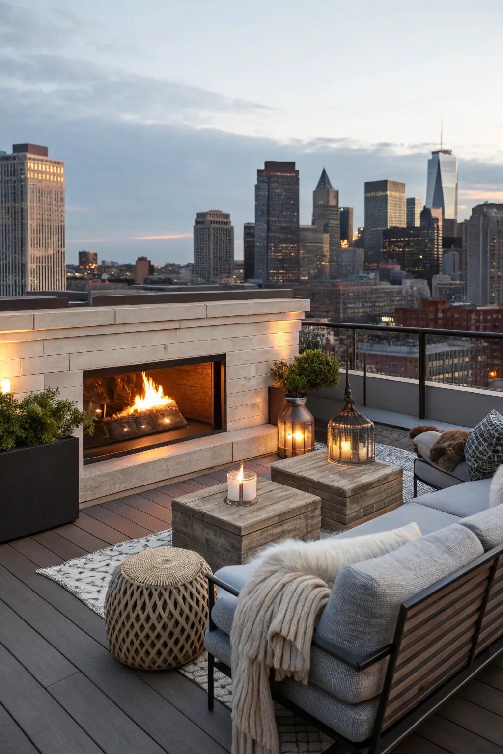 A rooftop deck with a modern fireplace, ideal for cozy nights.