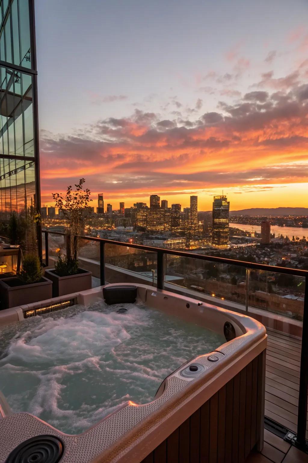 Relax in a rooftop jacuzzi with stunning views of the city skyline at sunset.