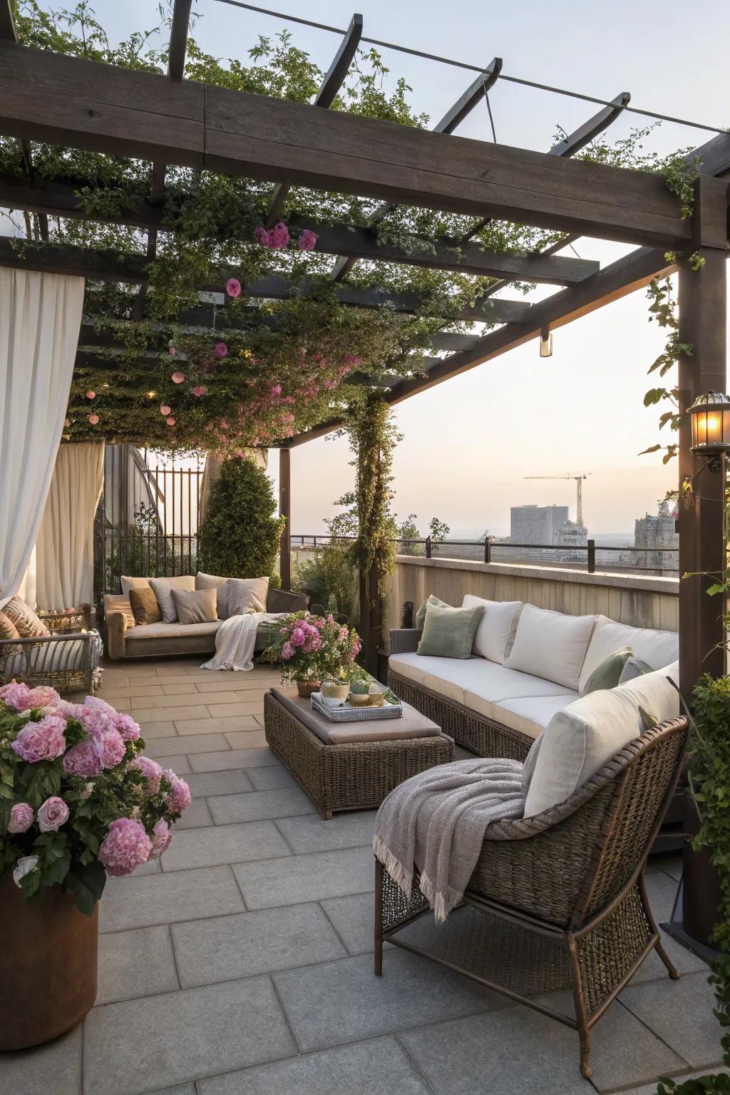 A cozy lounge area under a pergola, perfect for relaxation.