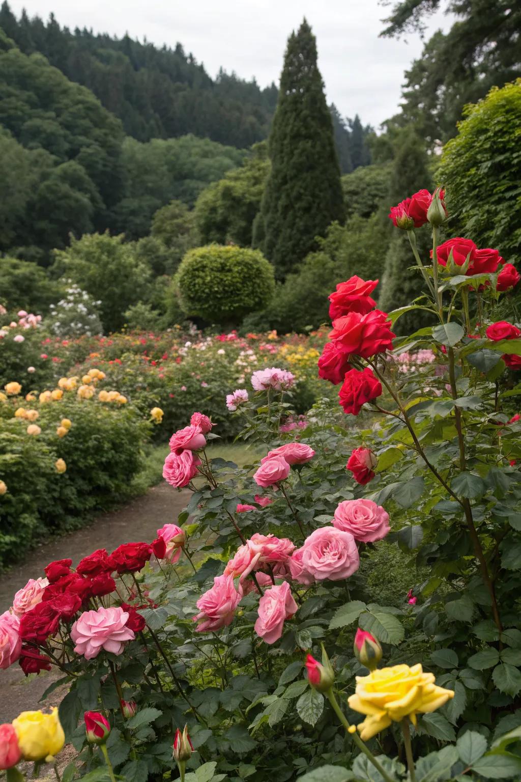 A kaleidoscope of colorful roses brings life to this stunning garden display.