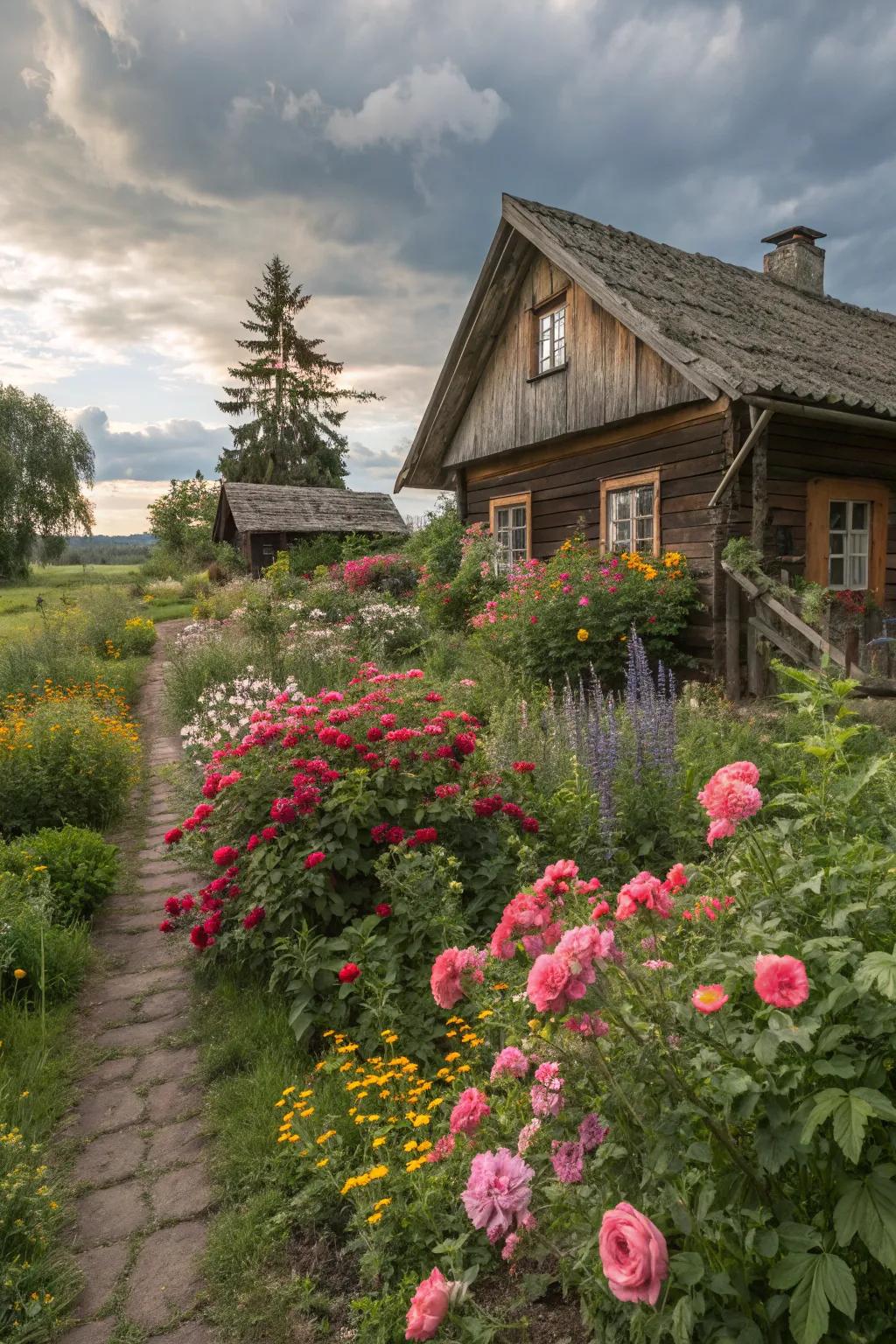 A charming cottage garden where roses and wildflowers thrive together.