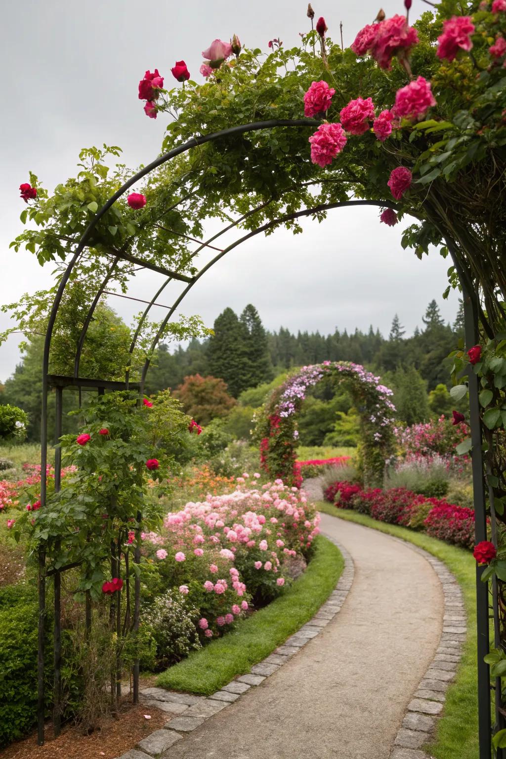 A romantic archway embraced by blooming roses.