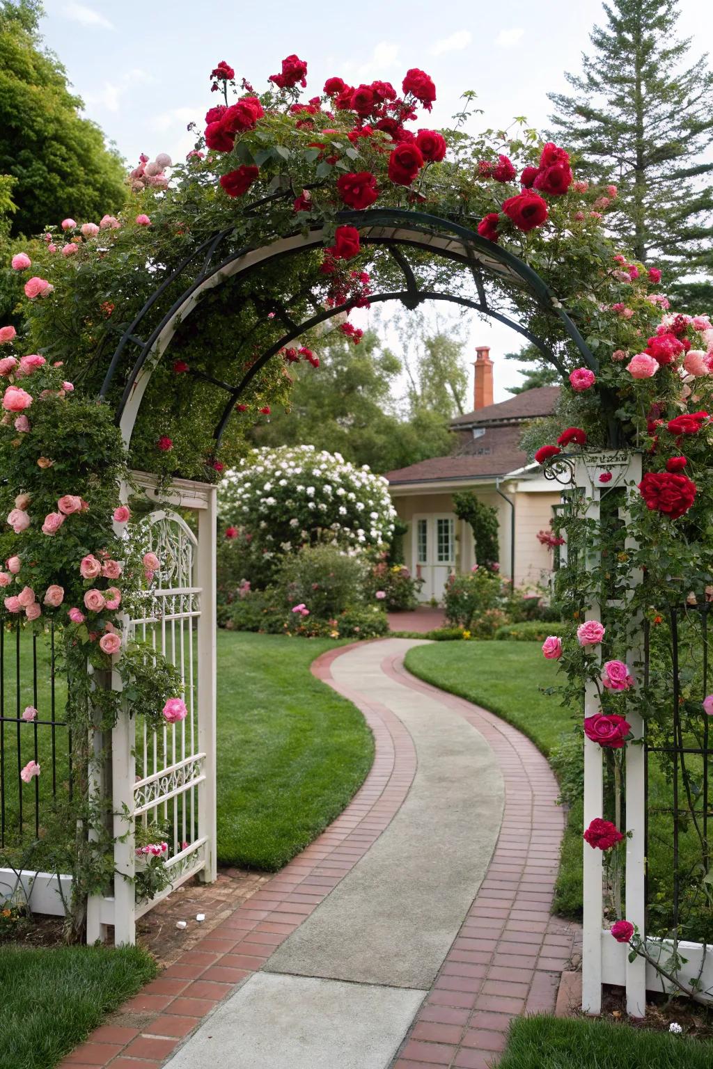 A welcoming arched entrance covered with lush climbing roses.