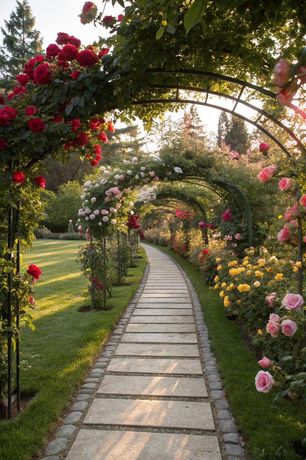 A pathway lined with roses is a journey through beauty and fragrance.