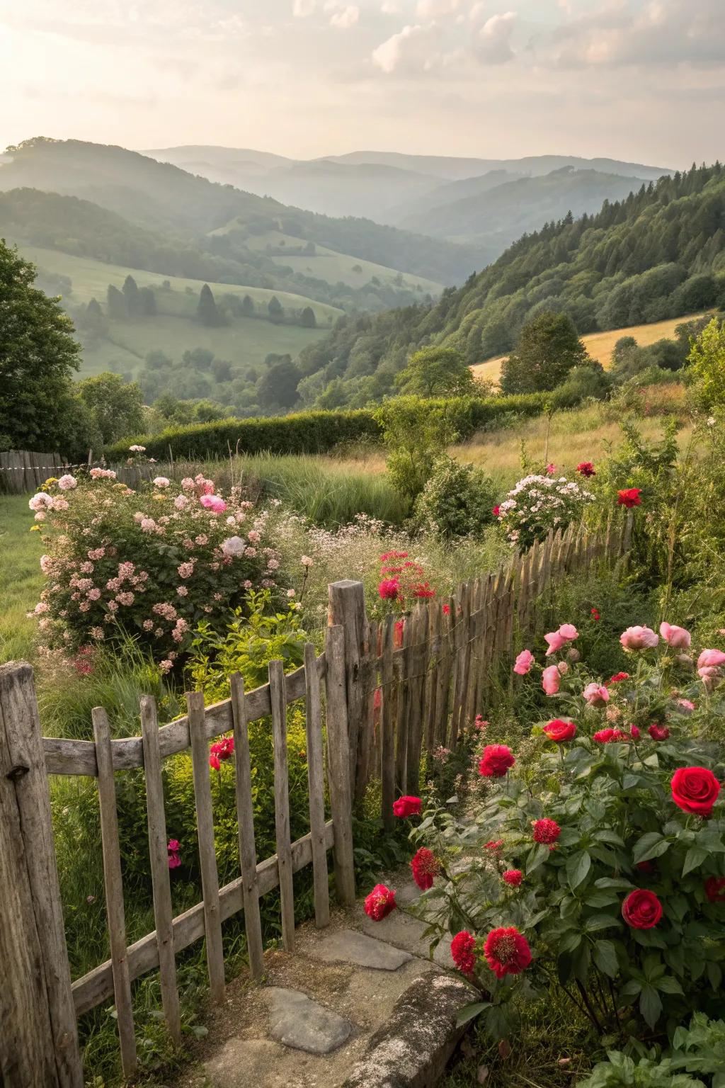 A cottage garden blending roses with wildflowers for a relaxed, natural beauty.