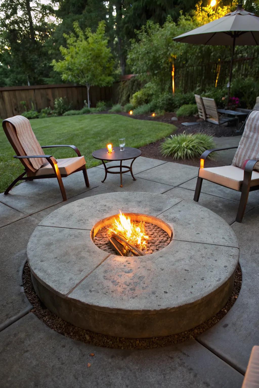 A cozy fire pit in the heart of a round patio invites warmth and conversation.