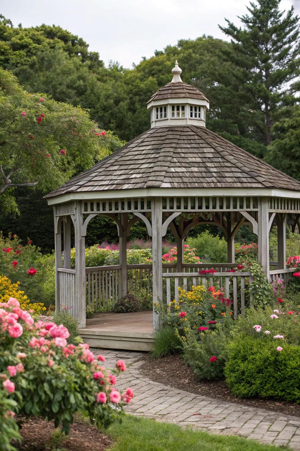 A classic wooden gazebo that perfectly complements its natural surroundings.
