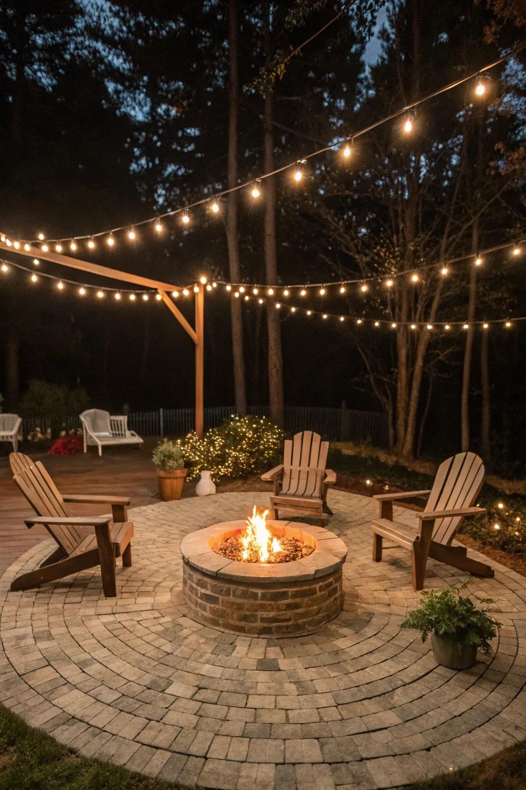 A round patio with a central fire pit and cozy seating for a perfect evening gathering.