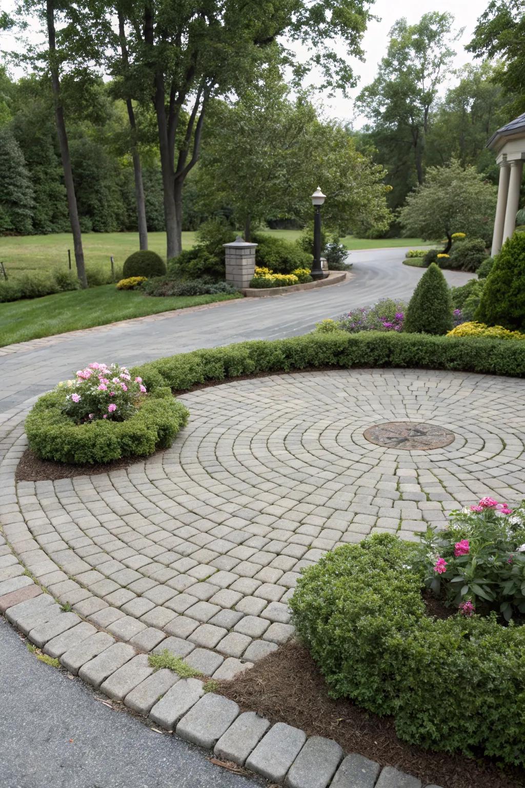 A classic stone circle adds rustic elegance to any driveway.