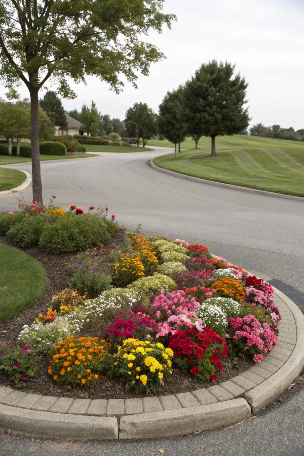 Brighten up your driveway with a colorful circular flower bed.