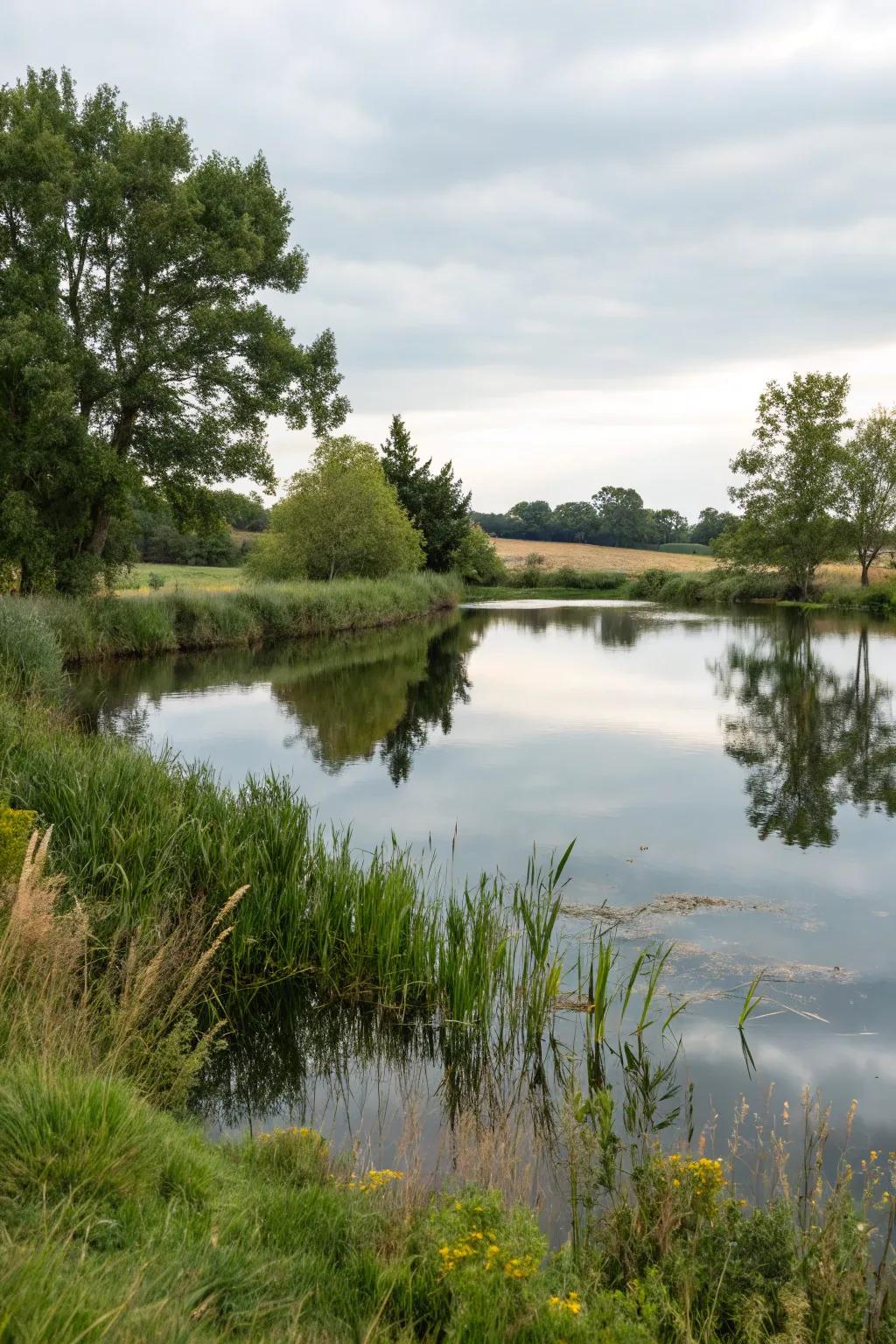 A tranquil pond adds serenity to any rural landscape.
