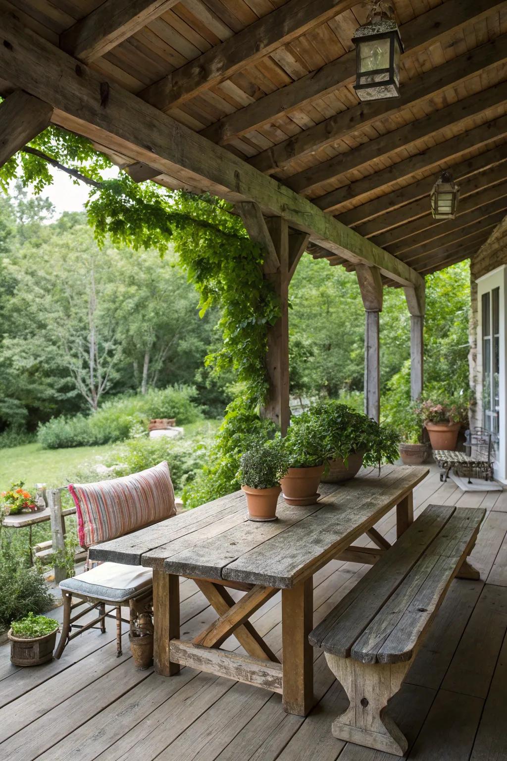 Natural wood accents create a warm and inviting atmosphere on your back porch.