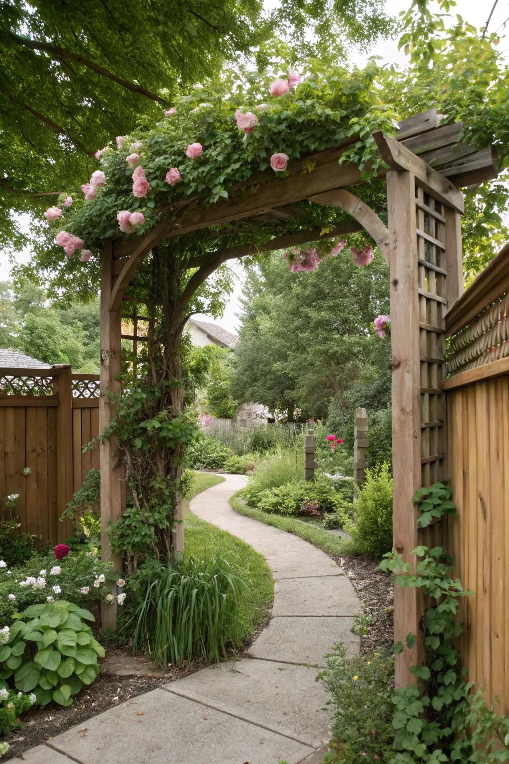 A beautiful wooden archway decorated for a rustic backyard wedding.