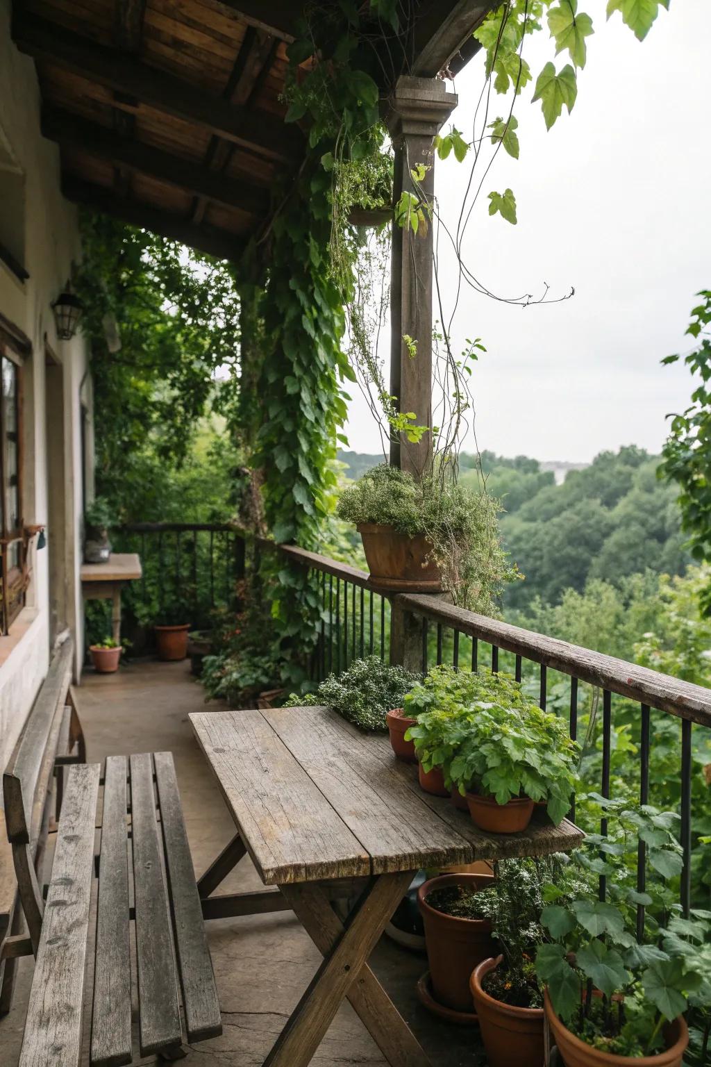 A rustic balcony featuring a sturdy wooden bench and table set amidst lush greenery.