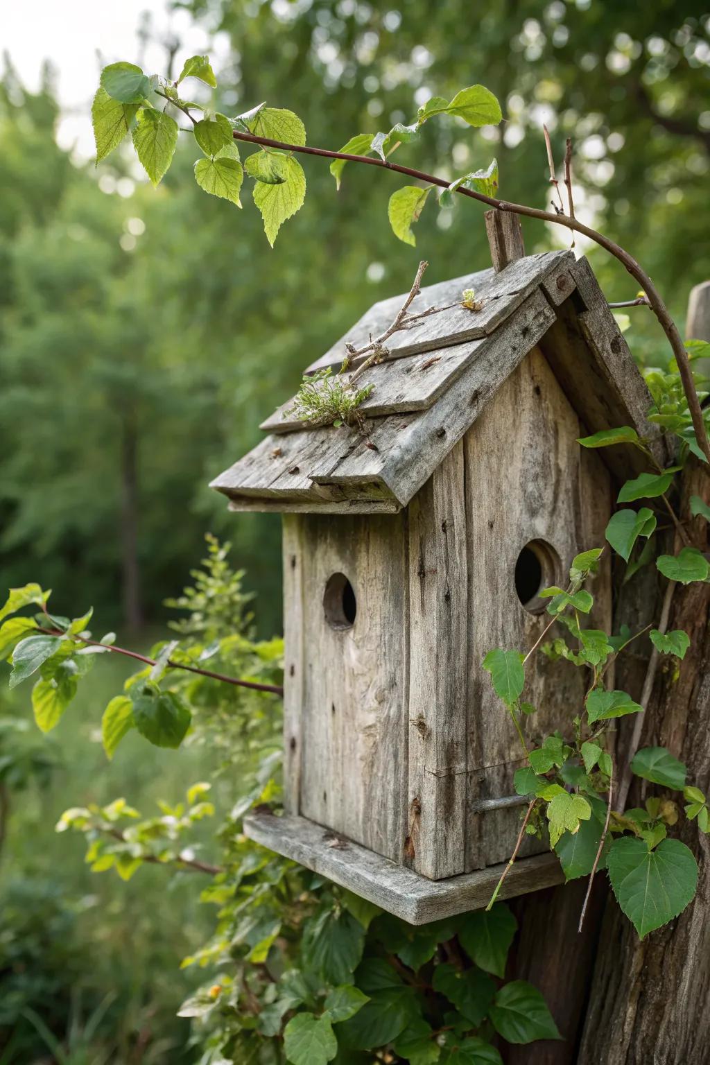 A charming birdhouse crafted from weathered barn wood.