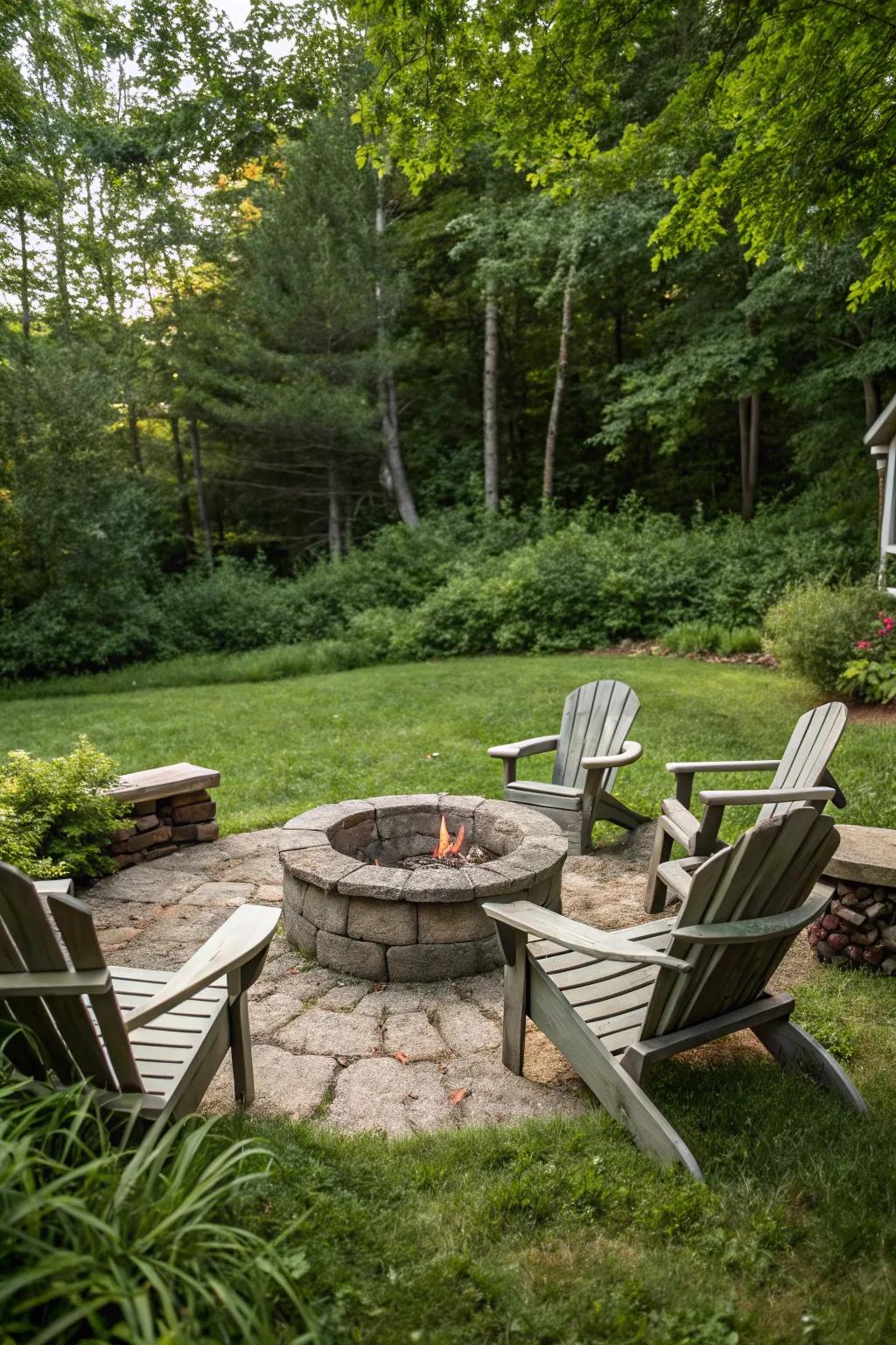 A simple stone circle creates a timeless and inviting fire pit area.