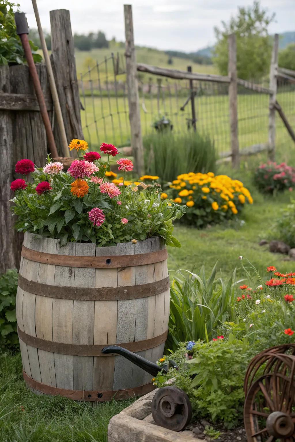 Wooden barrels overflowing with flowers create a vintage charm in this rustic garden.