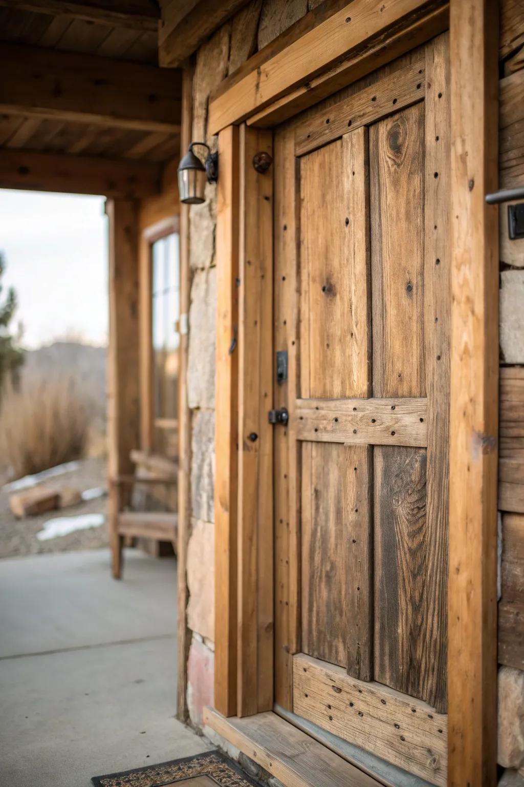 A front door crafted from reclaimed wood for a touch of history.