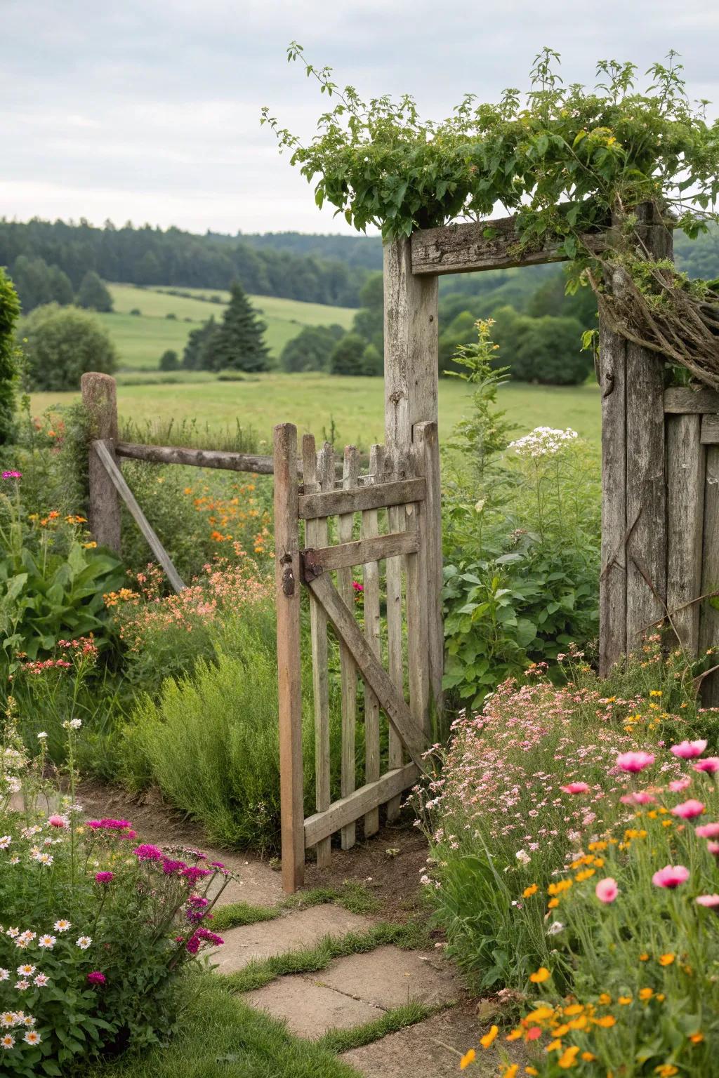 A natural cedar wood garden gate surrounded by wildflowers.