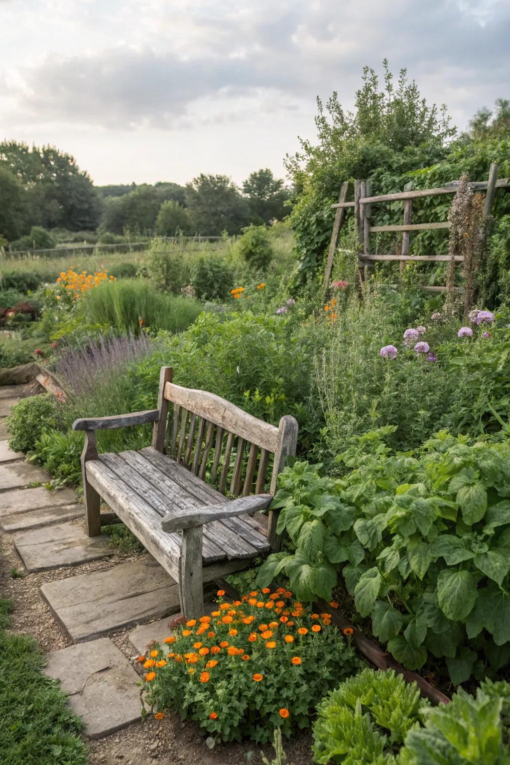 A cozy wooden bench surrounded by fragrant herbs.