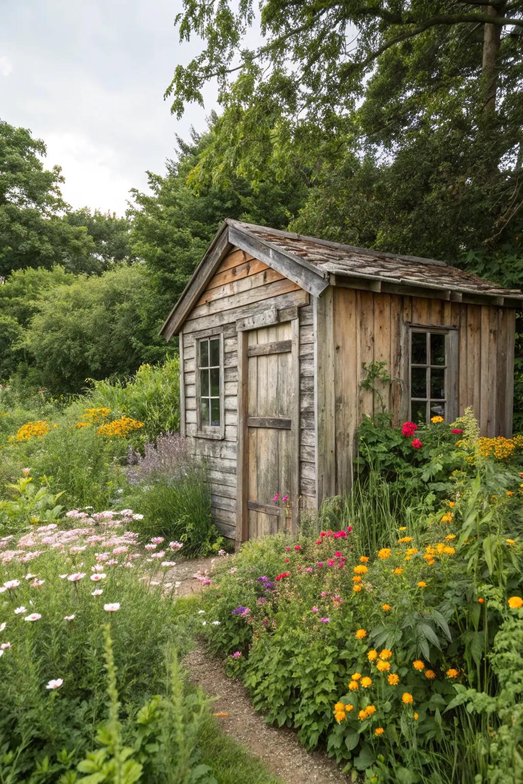 A reclaimed wood garden shed, blending history with rustic charm.