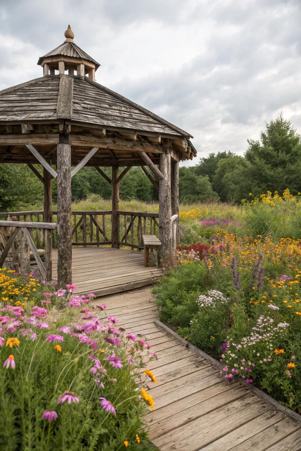 A rustic gazebo crafted from rough-hewn logs, exuding natural warmth.