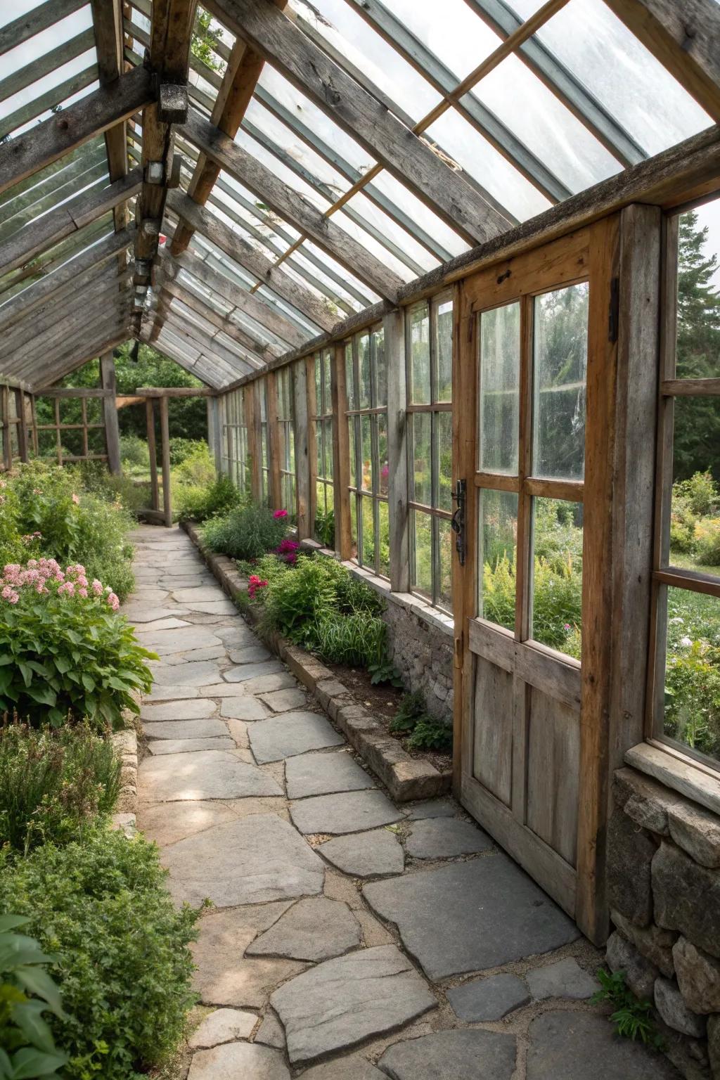 Wood and stone elements create a natural harmony in this greenhouse setting.